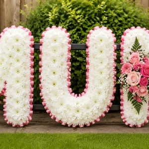 Chrysanthemum Based With Rose Cluster( £39 per Letter=£117 Total)